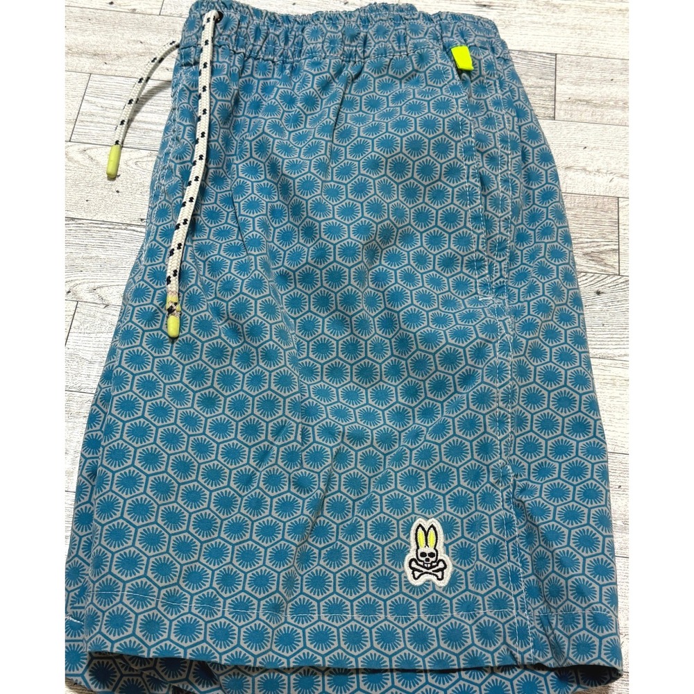 Psycho Bunny Mens Blue Geometric Honeycomb Swim Trunks Shorts Size S
